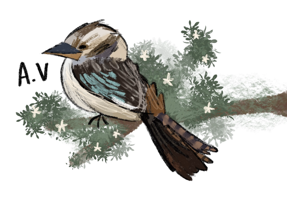 Digital artwork of a Kookaburra sitting on tree branch