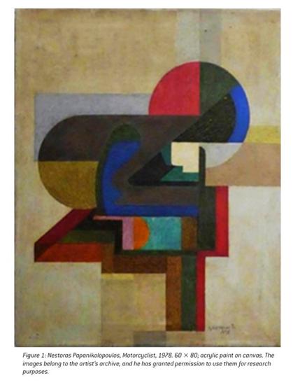 An abstract painting featuring geometric shapes and a stylized figure representing a motorcyclist. The color palette includes shades of red, blue, green, and brown against a textured background. The composition emphasizes angular forms and overlapping elements.