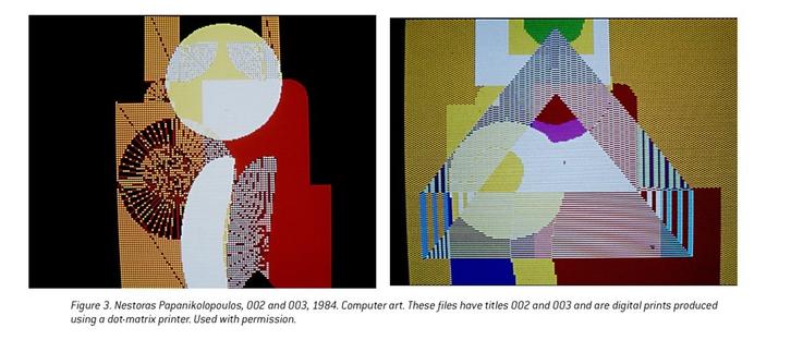 The image features two pieces of computer art by Nestoras Papanikoloopoulos, titled 002 and 003, created in 1984. The left artwork has geometric shapes and vibrant colors, while the right piece displays a triangular composition with