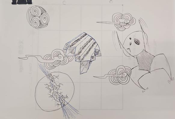 doodles in black and blue ink, and some pencil here and there. there are spirals, clouds, and geometric figure, a breaking ball and...a giant guy swimming in the sky?