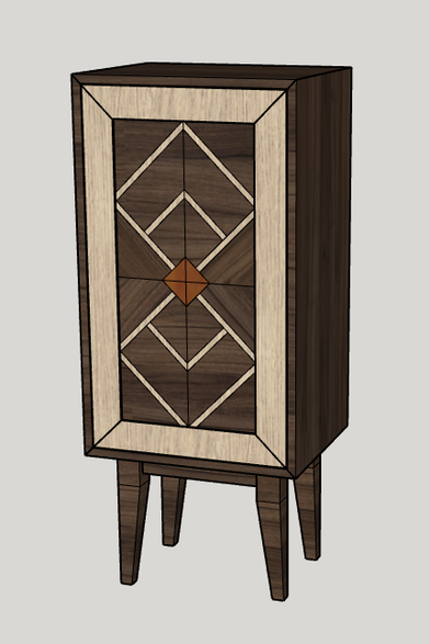 A sketchup preview of a vaguely art deco cabinet that has a geometric door panel face.