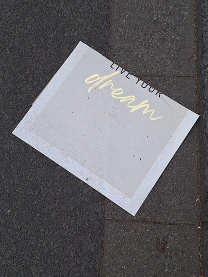 Ein halbzerstörtes Plakat, dass auf der Straße liegt. Darauf steht ein Aufdruck 'Live your dream'.