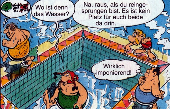 Obelix sitzt in einem leeren Wasserbecken. Asterix steht am Rand. Auf dem Boden des Beckens und am Becken sind Wasserpfützen zu sehen.