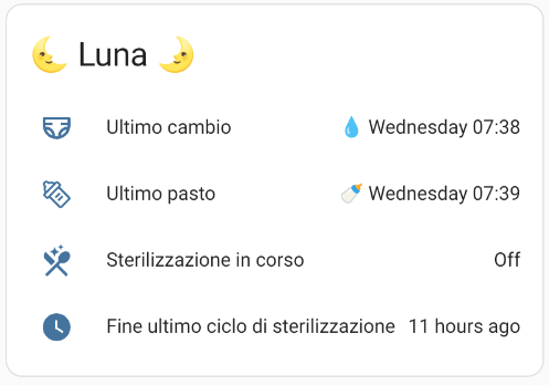 An home assistant card showing some baby stats, including the last sterilization run