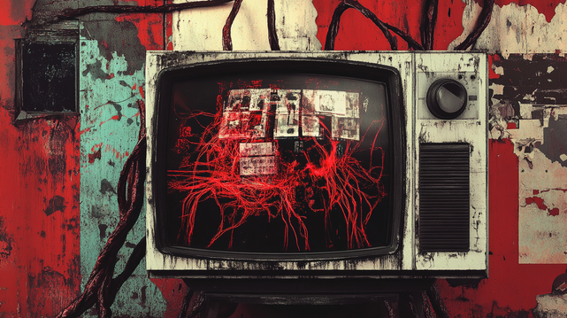 Cauchemar Connecté.
Peinture numérique dérangeante d’un vieux téléviseur fusionné avec des câbles organiques rouges.
Disturbing digital painting of an old television fused with red organic cables.