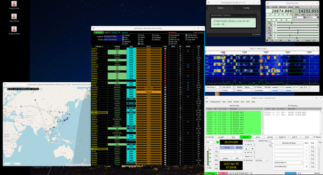 Screenshot showing the wsjt-x application and waterfall, along with showing GridTracker2 with it’s call roster open. Call roster showing dozens of Japanese and China stations calling CQ.