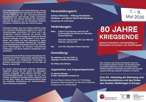 Am 8. Mai 1945 endete der Zweite Weltkrieg in Europa mit der bedingungslosen Kapitulation der Wehrmacht und der Befreiung von der nationalsozialistischen Gewaltherrschaft. Zwei Monate später entschieden Vertreter der drei alliierten Mächte USA, Großbritannien und Sowjetunion auf der Potsdamer Konferenz über die Zukunft Europas.
Erleichtert darüber, dass nun Frieden einkehrte, sahen sich Holocaust-Überlebende zugleich mit neuen Herausforderungen konfrontiert: Oft krank und in geschwächtem Zustand verharrten sie monate- oder gar jahrelang in Einrichtungen für Displaced Persons, warteten entweder auf die Rückkehr in ihre Heimatländer oder hofften auf einen Neuanfang in einem anderen Land. Individuelle Orientierungs-, Identitäts-und Existenzkämpfe verknüpften sich in der unmittelbaren Nachkriegszeit mit extremen traumatischen Erfahrungen und einem weiterhin anhaltenden Antisemitismus.
Die internationale Konferenz beleuchtet jüdische Perspektiven hinsichtlich existenzieller, gesellschaftlicher, wirtschaftlicher und intellektueller Neuanfänge im geteilten Deutschland und Europa bis zum Bau der Mauer im Jahre 1961.
Es werden Erfahrungswelten jüdischer Rückkehrer, Displaced Persons und die Arbeit von Hilfsorganisationen vorgestellt sowie jüdische Identitäts- und Entscheidungsfindungen im Kontext der sich wandelnden europäischen Gesellschaften aufgezeigt, und es wird über Fragen der Wiedergutmachung sowie der justiziellen Aufarbeitung der nationalsozialistischen Verbrechen debattiert.