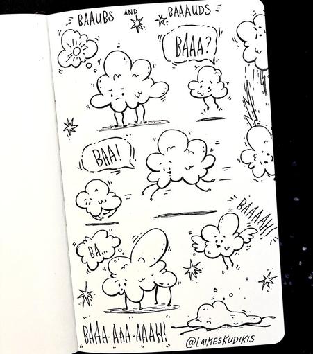A sketchbook page full of weird clouds with hands and legs, four legged and two legged, jumping, running, flying. Black ink.