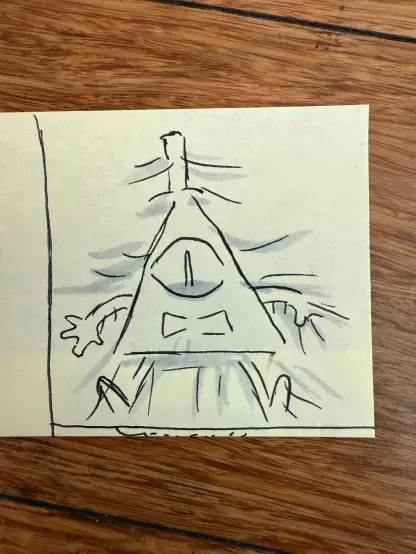 Un boceto de Bill como si estuviera apareciendo su forma contrar una sábana con él por dentro.