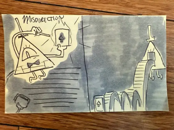 Dos bocetos. El primero es Bill con una varita mágica de estas que usan en los clásicos los magos apuntando a una carta con una pica mientras dice "misdirection". En el otro boceto está Bill con el ojo suplantado por una baraja que va cayendo contra el borde inferior del dibujo, simulando el salvapantallas de Windows 98.