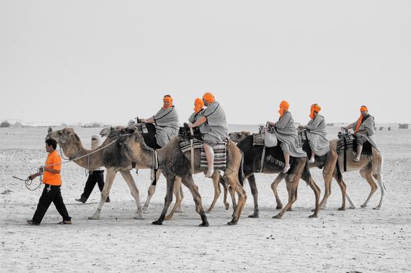 Schwarzweissfotografie mit Selektivfarbe Orange einer Toueristengruppe auf Kamelen in der tunesischen Wüste.