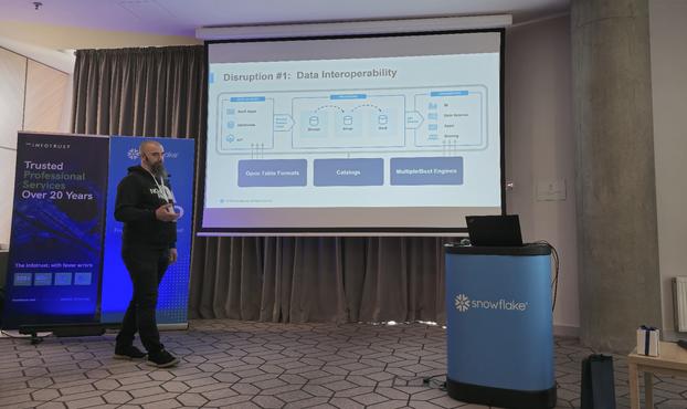 Brewing Data with Snowflake event in Vilnius: Olli Ek presenting, Data Interoperability slide showing Medallion Architecture with Data Sources on left and Cobsumption on the right of Processing in the middle with Bronze, Silver, Gold layers