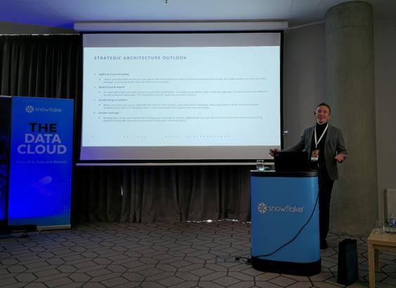 Brewing Data with Snowflake in Vilnius: Maris Svilans presenting, slide on screen showing Strategic Architecure Outlook (full text in main post)
