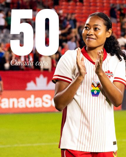 Jayde Riviere applauds the fans in Canada kit, alongside text that reads: '50 Canada caps'.
