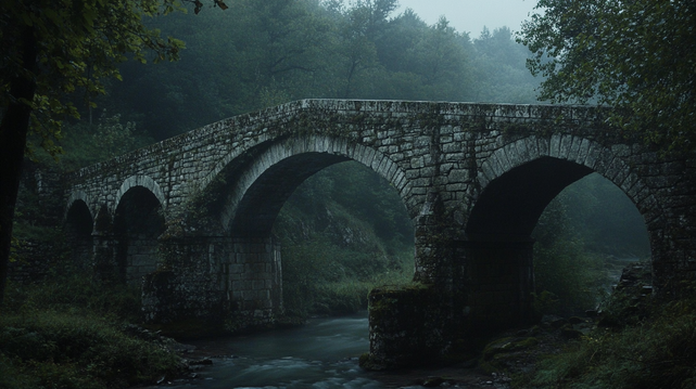 Murmures de Montemer.
Photographie réaliste d’un vieux pont en pierre au cœur d’une forêt embrumée et silencieuse.
Realistic photograph of an old stone bridge deep in a misty, silent forest.