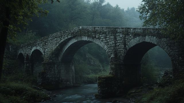Murmures de Montemer.
Photographie réaliste d’un vieux pont en pierre au cœur d’une forêt embrumée et silencieuse.
Realistic photograph of an old stone bridge deep in a misty, silent forest.