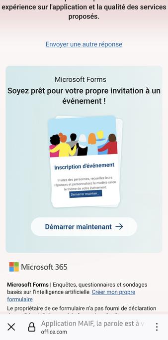 Écran de fin d'enquête Maif montrant qu'un produit Microsoft a été utilisé