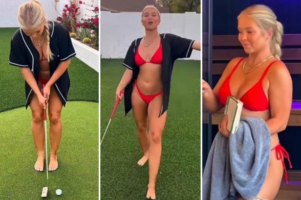 Pro golfer strips down to bikini to give guided tour of dream garden as she relaxes in sauna and hot tub