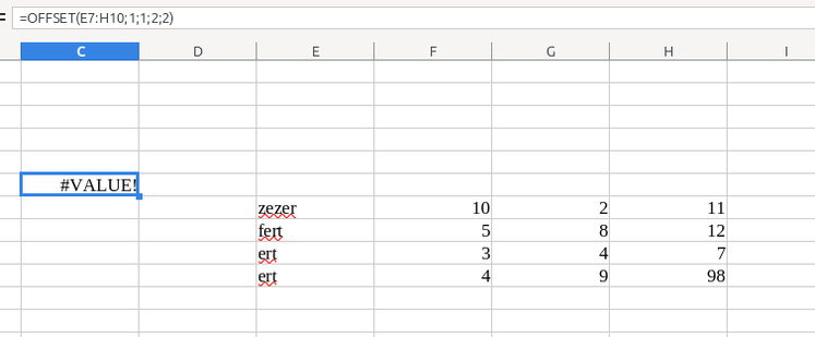 Libre office Calc OFFSET() function returns #VALUE! when it shouldn't since the formula and table data look ok.
