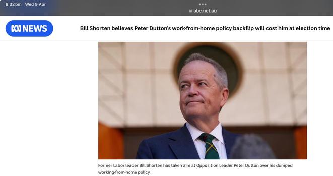 Image of Bill Shorten, former Australian Labor leader, looking thoughtfully while addressing concerns regarding Opposition Leader Peter Dutton's work-from-home policy. The background features a blurred architectural structure.