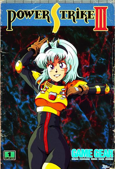 "EU Version" of GG Aleste 3's boxart redrawn in a more 90s looking artstyle. It shows Luna Waizen grinning with confidence in her black and golden pilot armor, one hand raised behind her head, the other pulling on a shoulder pad strap. The bg is black with a blue and red marbled texture and on top there's a "POWER STRIKE III" logo, as well as a light turquoise "Game Gear" logo over the artwork