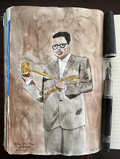 Sketch in sketchbook of Dizzy Gillespie holding a trumpet with an unusual shape. He’s set against a brown background, wearing a grey suit. It’s after a picture I found on Wikipedia