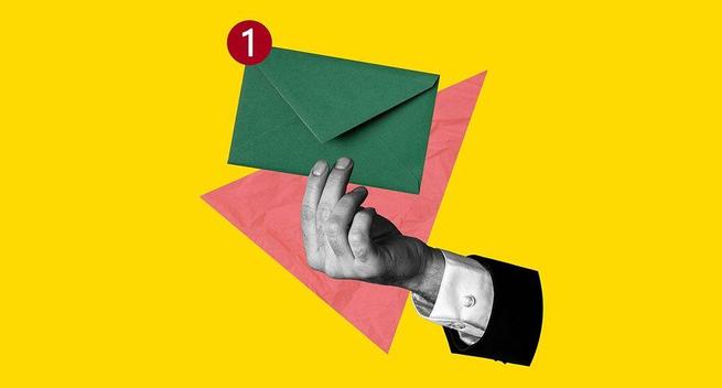 A photomontage style illustration to represent a newsletter - a black and white photo of a man's hand is holding up a green envelope with a red notification bubble indicating one email/letter.