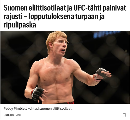 Suomen eliittisotilaat ja UFC-tähti painivat rajusti - lopputuloksena turpaan ja ripulipaska


Paddy Pimblett kohtasi suomen eliittisotilaat.
URHEILU 9:48