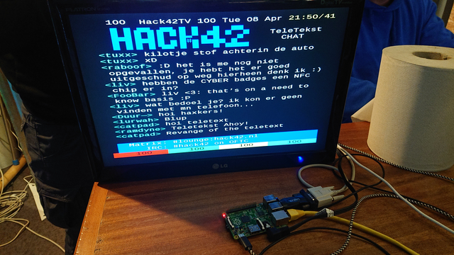 TV screen showing the Hack42 Matrix/IRC channel log over teletext.

In front of it the Raspberry Pi that is providing the signal.