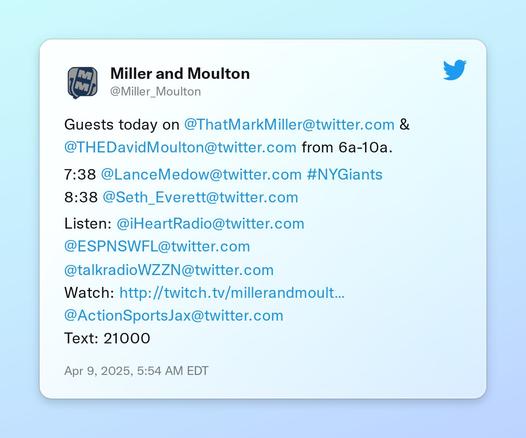 Guests today on @ThatMarkMiller &amp; @THEDavidMoulton from 6a-10a.

7:38 @LanceMedow #NYGiants 
8:38 @Seth_Everett 

Listen: @iHeartRadio @ESPNSWFL @talkradioWZZN 
Watch: https://t.co/cRmNdcORfG @ActionSportsJax 
Text: 21000
