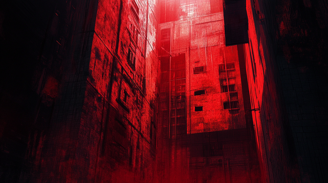 Labyrinthe Rouge.
Peinture numérique abstraite d’une structure urbaine imposante baignée dans une lumière rouge oppressante.
Abstract digital painting of a towering urban structure bathed in oppressive red light.