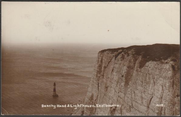 Sepia real photographic postcard showing a view of Beachy Head and the lighthouse at Eastbourne in Sussex.

Publisher not stated, No 4118.

Postally used on 26 July 1911 with Eastbourne cancellation on green halfpenny stamp and sent to Miss M. Wilson, Denmead Farm, Denmead, near Cosham.

Good condition, with slight corner bumps, but light crease to top right corner and tiny crease to bottom left corner.