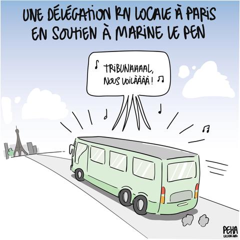 Titre du dessin : une délégation RN locale à Paris en soutien à Marine Le Pen

Dessin d'un bus en partance pour Paris, les personnes à l'intérieur chantent en chœur "Tribunal, Nous Voilà"