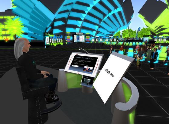 A screenshot of the OpenSimulator 3d client, showing the interior of a 3d world chat space. A very low quality 3d model of a human sits at a virtual computer workspace, staring into infinity and asking himself why he spent a significant portion of his life building this software.
