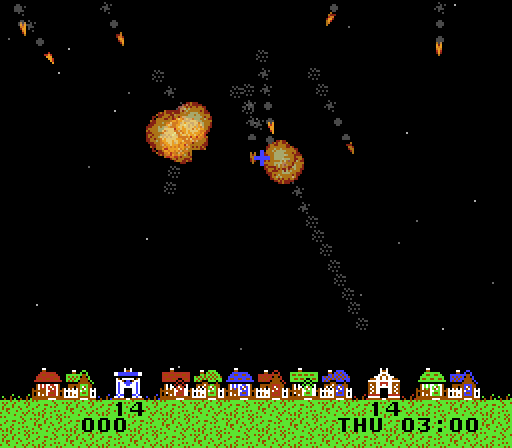 Some incoming missiles exploding in Thwaite, a missile defense game for NES