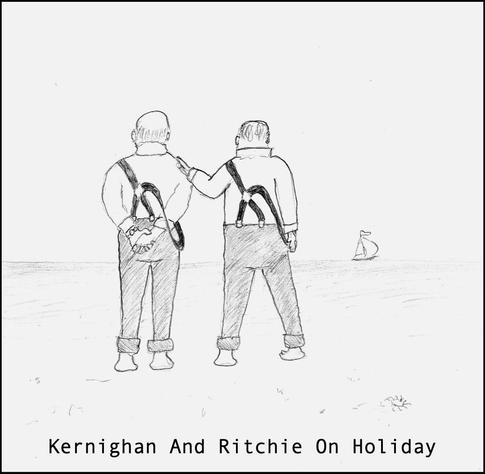 A pencil sketch at the seaside. There's a crab on the beach, and a yacht on the horizon. There's a rear view of two older men looking out to sea, dressed in shirt and trousers with braces (UK sense). The one on the left has his hands clasped behind his back, while the one on the right is standing with feet further apart and has his left hand on his companion's shoulder. Both men have the left strap of the braces over the shoulder as usual, but the right one is dangling down to the hips.
