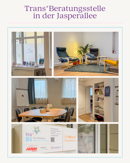Helle und einladende Räume der Trans*Beratungsstelle in der Jasperallee in Braunschweig. Die Collage zeigt Wartebereich, Gruppenraum, Info-Material und die Beschilderung der Einrichtung. Eine Atmosphäre zum Wohlfühlen und Ankommen.