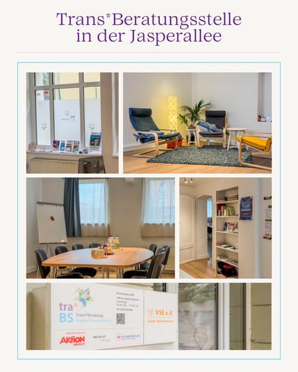 Helle und einladende Räume der Trans*Beratungsstelle in der Jasperallee in Braunschweig. Die Collage zeigt Wartebereich, Gruppenraum, Info-Material und die Beschilderung der Einrichtung. Eine Atmosphäre zum Wohlfühlen und Ankommen.