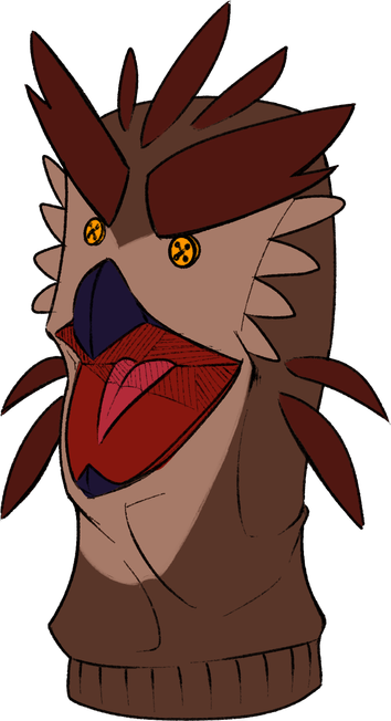 A sock puppet for an anonymous client. This one is themed after an owlbear, with feathers sprouting from the head, jaws, and sides, as well as having beady, yellow button eyes.