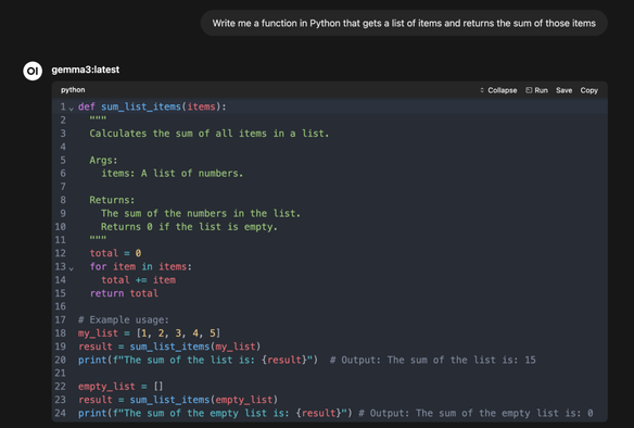 Screenshot of a gemma3 based chatbot responding to the prompt "Write me a function in Python that gets a list of items and returns the sum of those items" with a manual implementation of a function doing that