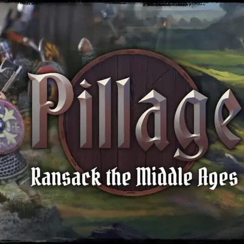 A stylized logo for the game "Pillage" features bold, metallic lettering with a wooden shield backdrop, emphasizing the theme of ransacking during the Middle Ages. In the background, Viking warriors are depicted, equipped with shields and weapons, set against a scenic landscape that includes rolling hills and distant fortifications. The subtitle "Ransack the Middle Ages" is displayed prominently beneath the main title, highlighting the game's focus on narrative-driven skirmishes.