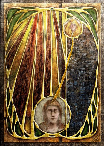 Heavily stylized art nouveau illustration alluding to the story of Rapunzel. Image features textures, oranges, golds, browns and some grays.