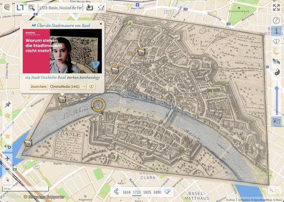 Eine alte Karte von Basel liegt passgenau über einem heutigen Online-Stadtplan.