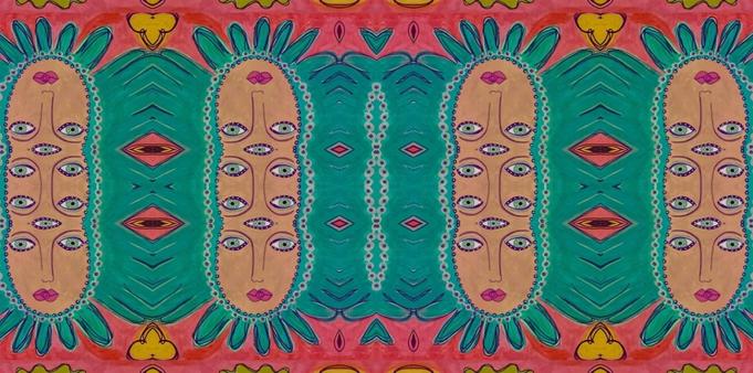 Abstract art of stacked faces with multiple eyes.