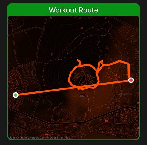 Screen shot of a workout map from Pedometer++ showing a long straight line from a green dot to a red dot because the gps location hadn’t caught up before starting the workout.