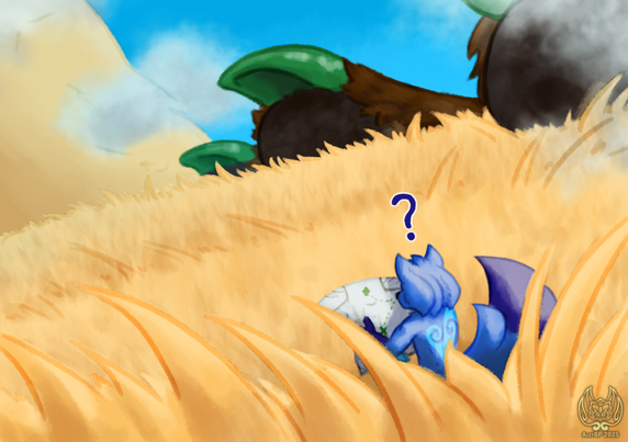 A little blue wolf confused with a '?' over his head, holding a map in his hands with a green trail and X and ♣ marking spots. Said wolf is standing in a vast fluffy 'field' of yellowish/golden fur sprawling far into the distance. A few mountains (fingers) of darker color with green 'rocky peaks' (claws) can be seen in the distance.