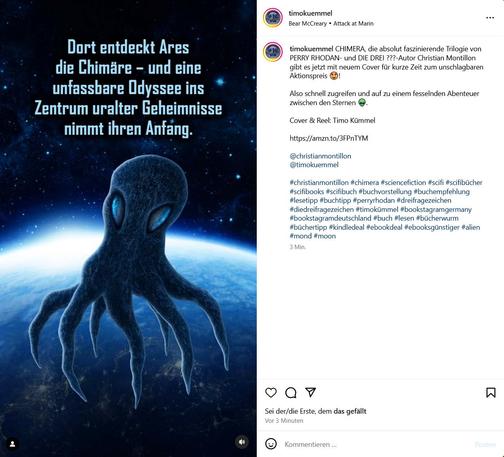 Screenshot des Insta-Reels. Man sieht ein Standbild der oktopusähnlichen Chimere vom Roman-Cover.