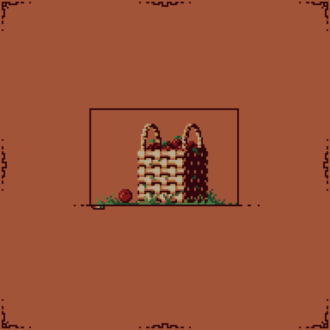 A cube shaped wicker basket with two round handles filled with red apples, sits on grass covered ground, a single apple is on grass to the left side of the basket.