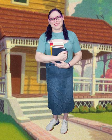 The image depicts a woman standing in front of a house, holding a stack of books. She has dark hair styled in two braids and is wearing a blue t-shirt, denim skirt, and white sneakers. The woman's attire suggests she may be a student.

In the background, a yellow house with a red roof and porch railing is visible, featuring a window on the left side and a door on the right. A set of stairs leads up to the porch, adding depth to the scene.

Overall, the image presents a serene and studious atmosphere, with the woman's focus on her books contrasting with the warm and inviting surroundings of the house.