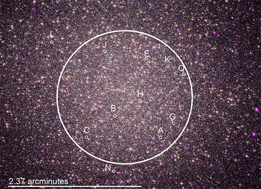 From source in toot: 
A close up image of the densely-packed center of Omega Centaurus reveals even more stars, blanketing the frame from corner to corner. This close up is presented fully labeled, with a white ring encircling nine of the eleven marked spider pulsars.

Each spider pulsar is the spinning core of a collapsed massive star. As they spin, the spider pulsars emit beams of radiation, like light from a lighthouse. The pulsars also produce winds of particles that methodically strip away their companion stars, layer by layer